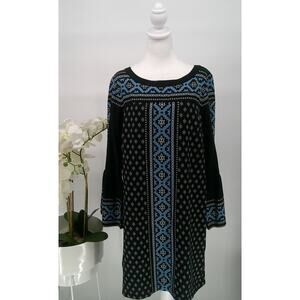 Loft Womens Black Blue Mosaic Bell Sleeves Medallion Boho Chic Shift Dress Large